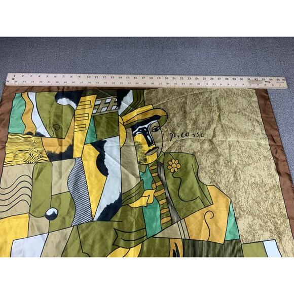 Vintage Picasso Print Art Graphic Scarf Multi Brown Polyester Silk Signature - Picture 5 of 6